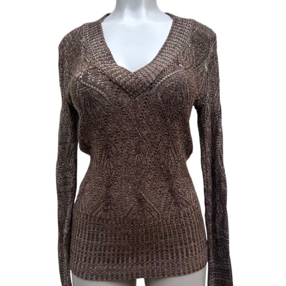 Liv Pullover Sweater Women's Medium Brown Heather Pointelle Knit V-neck EUC